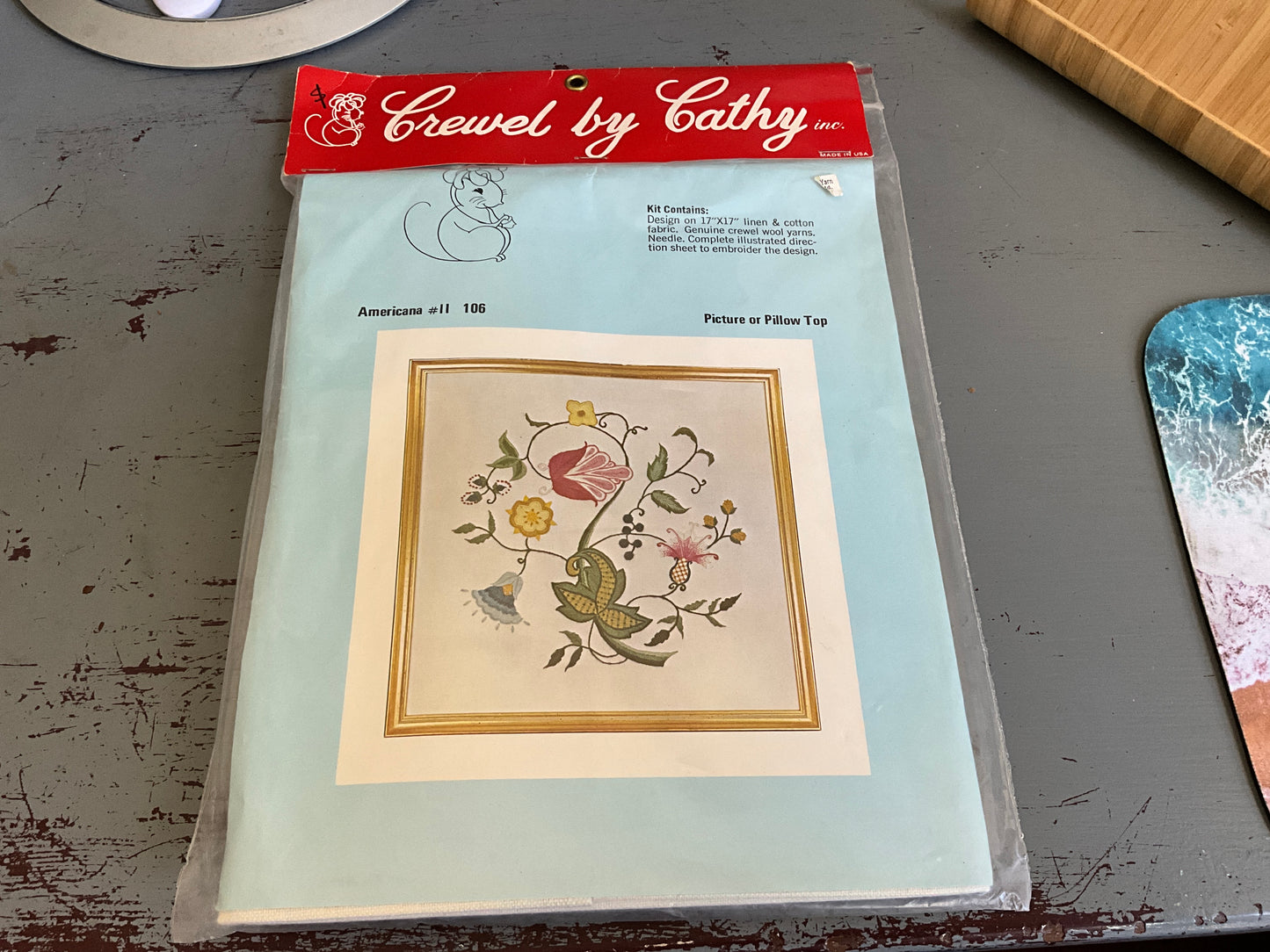 Crewel by Cathy Americana kit on 11x17 or-printed linen fabric