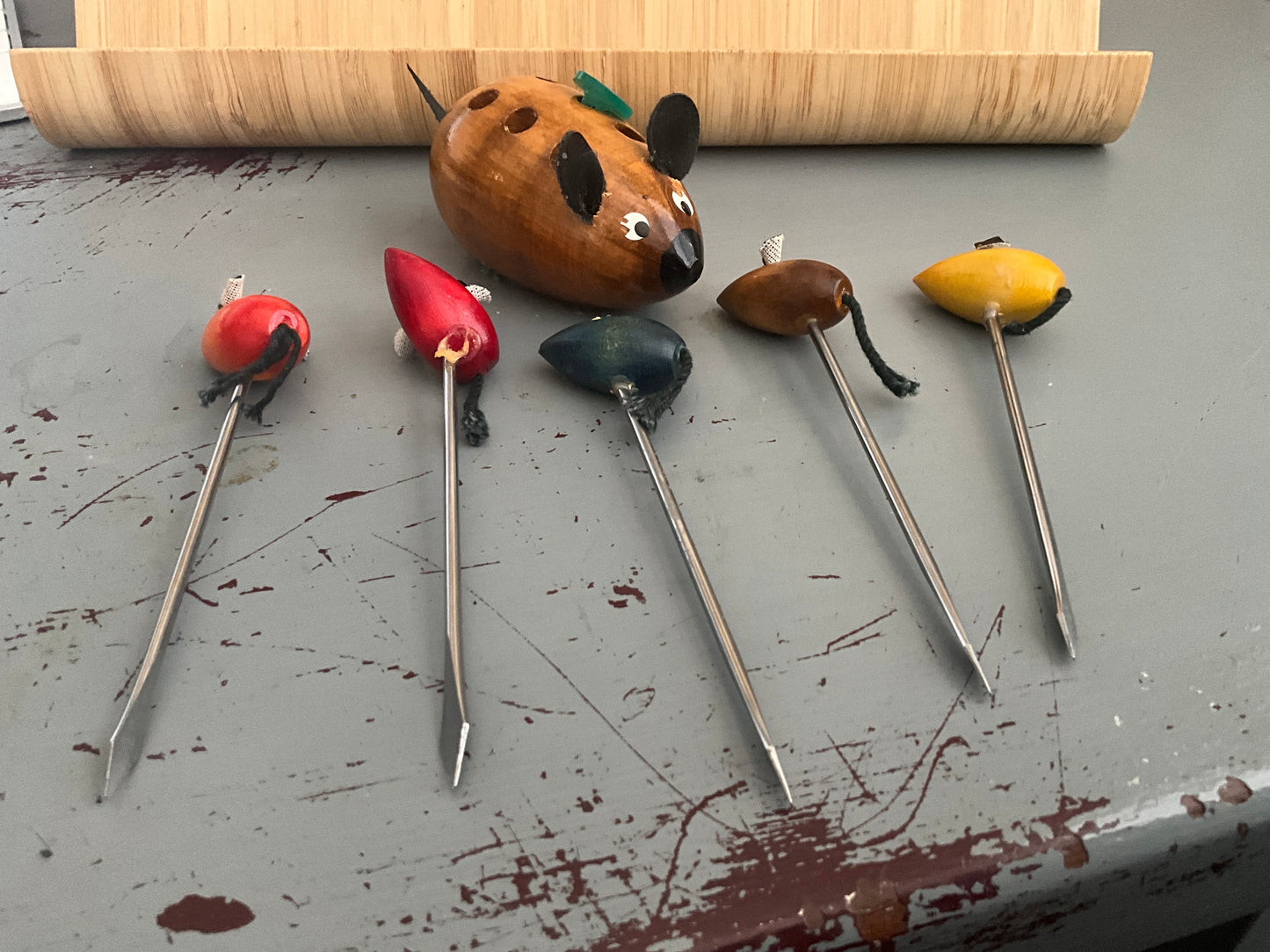 Wonderful wooden mouse holding a set of 5 jewelers tools with wooden mouse heads (see pictures for tools)