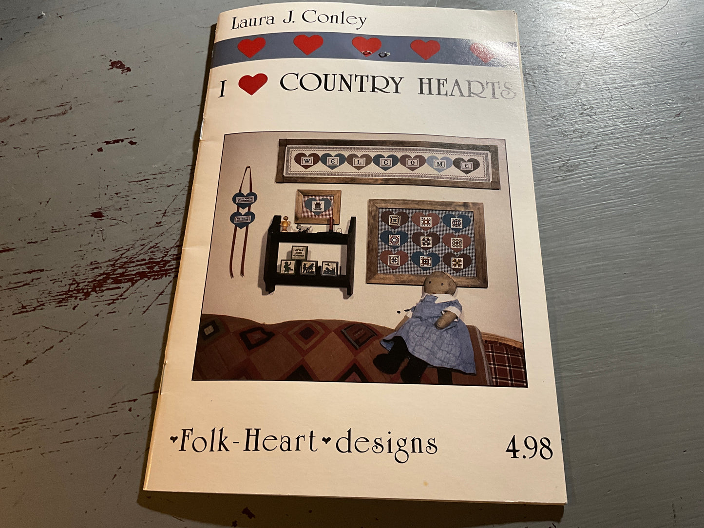 Laura J. Conley I Love Country Hearts by Folk Heart Designs vintage 1985 cross stitch designs with heart cutout embellishment pack