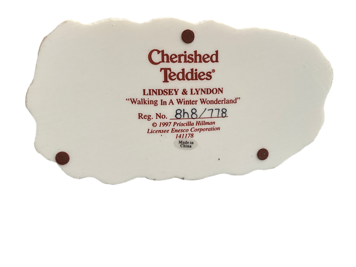 Cherished Teddies Lindsey and Lyndon walking in a winter wonderland boy pushing a girl in a sleigh figurine