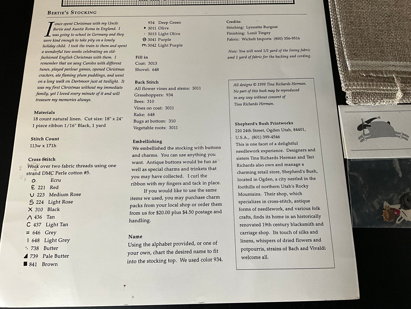 Shepherd’s Bush Bertie’s Stocking cross stitch chart with 18 count natural linen fabric and embellishments pack included!