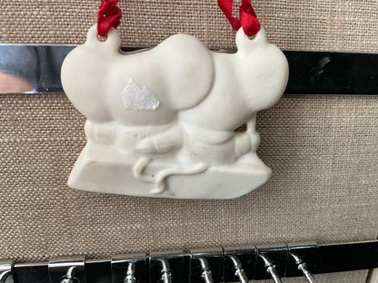 Precious pair of mice on a swing porcelain Christmas ornament