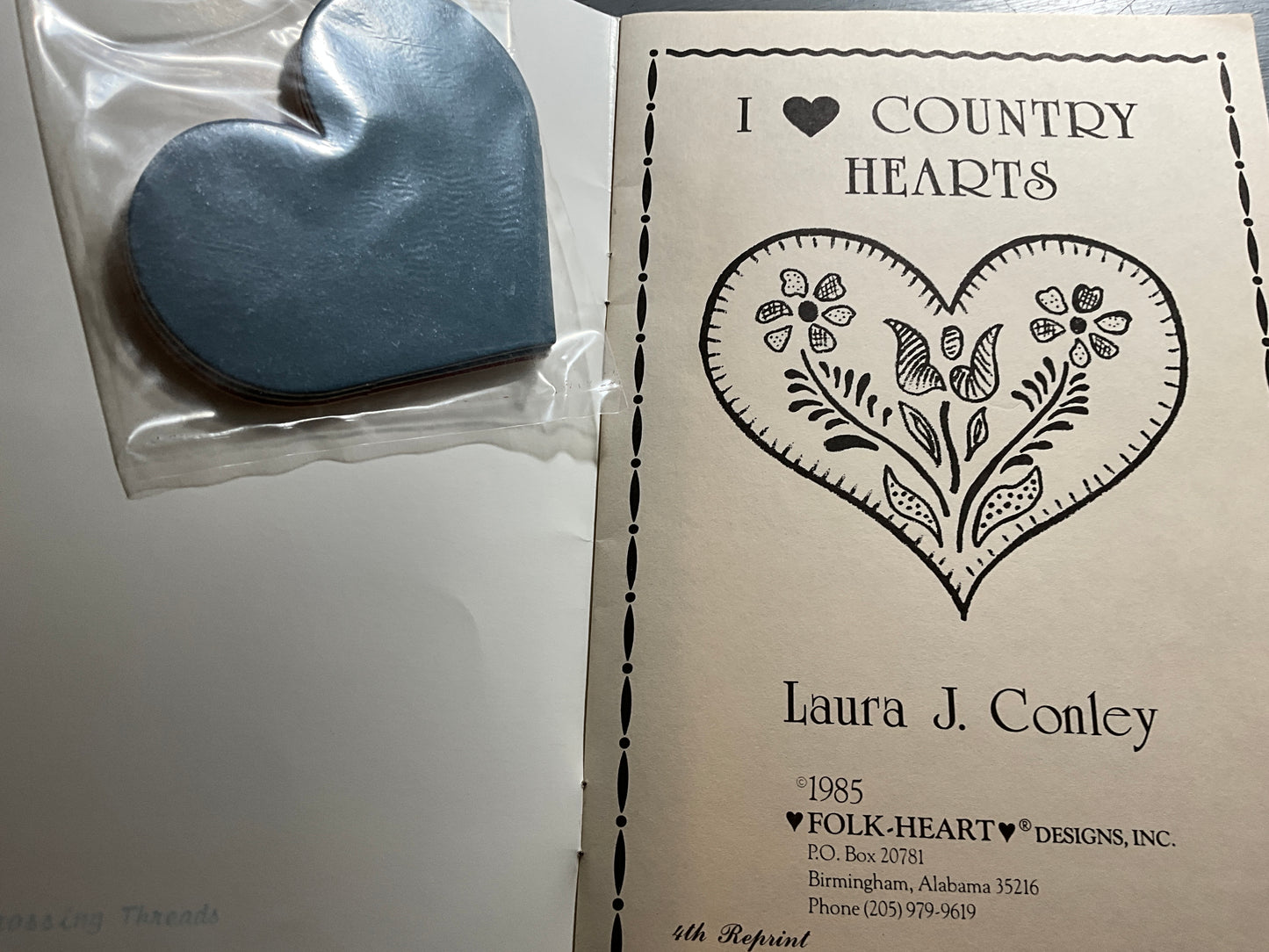 Laura J. Conley I Love Country Hearts by Folk Heart Designs vintage 1985 cross stitch designs with heart cutout embellishment pack
