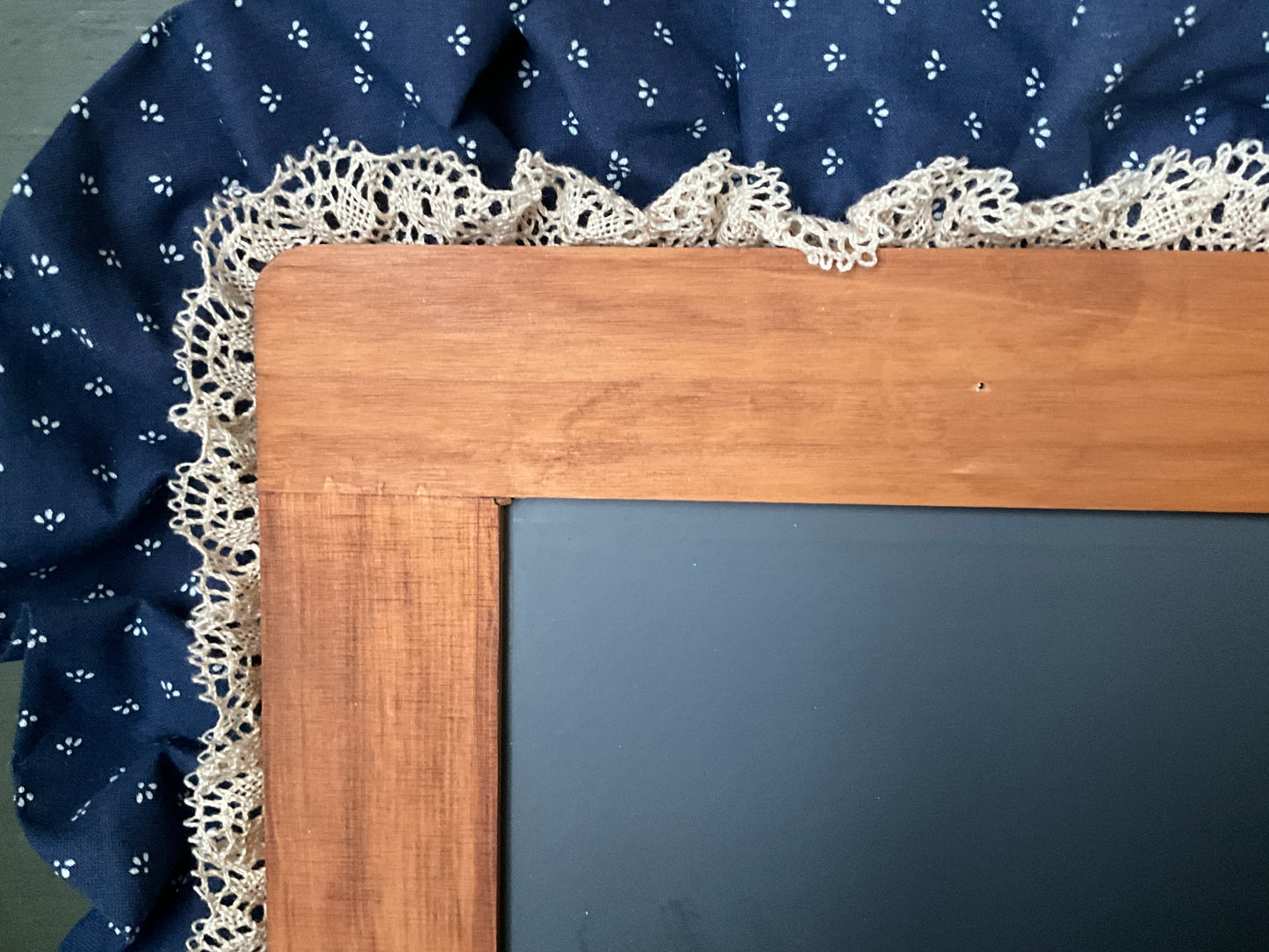 Charming country chalk board with wood frame trimmed in lace & blue ruffle 9 by 11 inch wall hanging