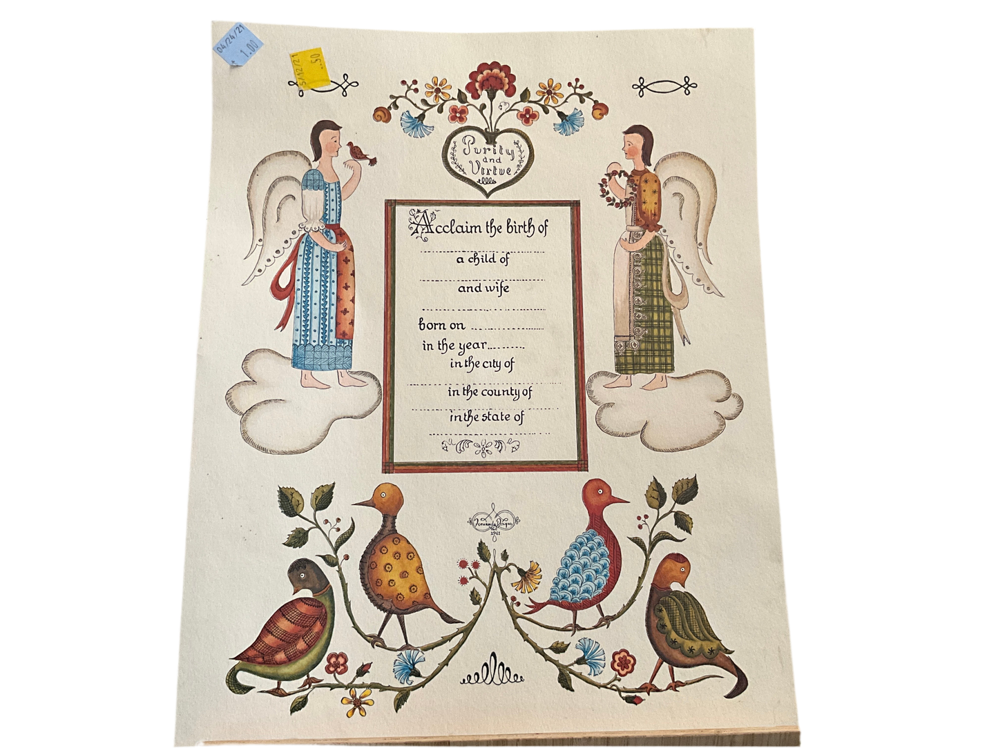 Acclaim of a birth announcement on beautifully printed Purity and Virtue depicted on heavy stock ready to be completed and framed by you!