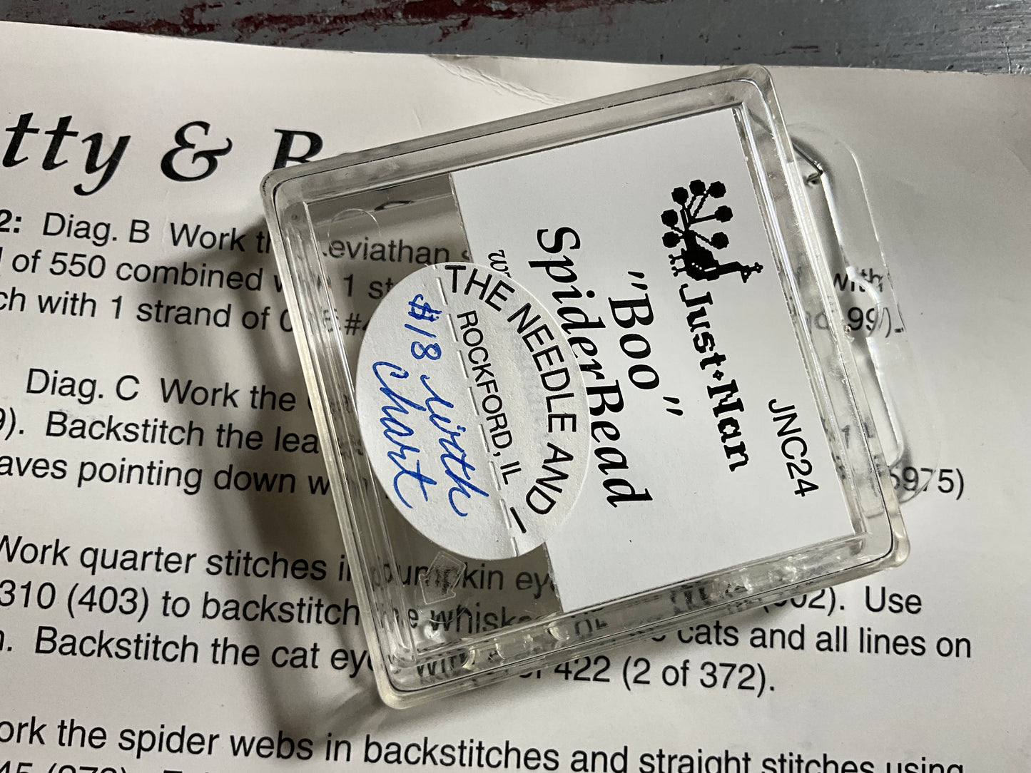 Just Nan Batty Hattie & Boo counted cross stitch charts chart with spider bead embellishment