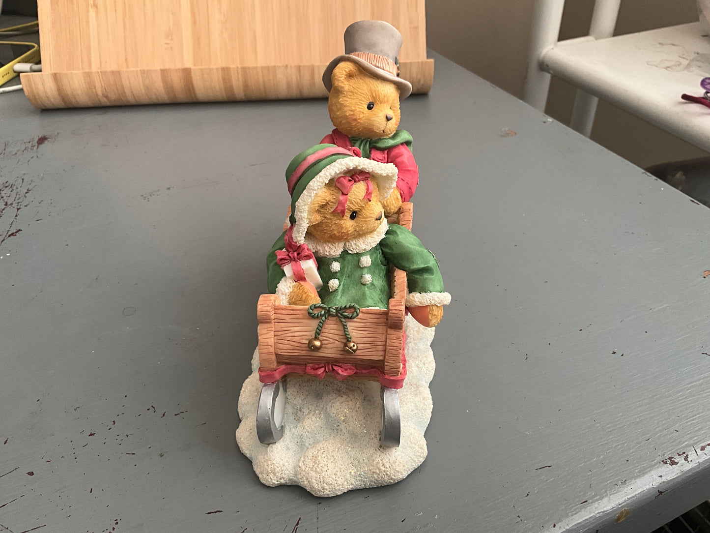 Cherished Teddies Lindsey and Lyndon walking in a winter wonderland boy pushing a girl in a sleigh figurine