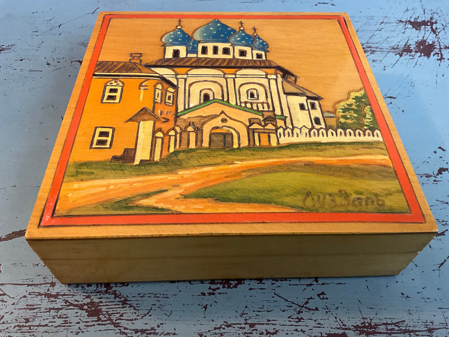 Russian blue domed church Cathedral hand painted embossed wooden trinket/jewelry box signed by artist