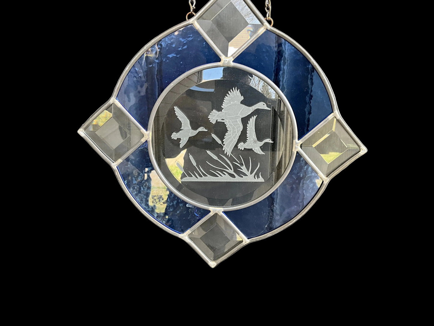 Ducks in flight absolutely beautiful 9.5 inch blue & clear leaded stained glass window/wall hanging on long chain