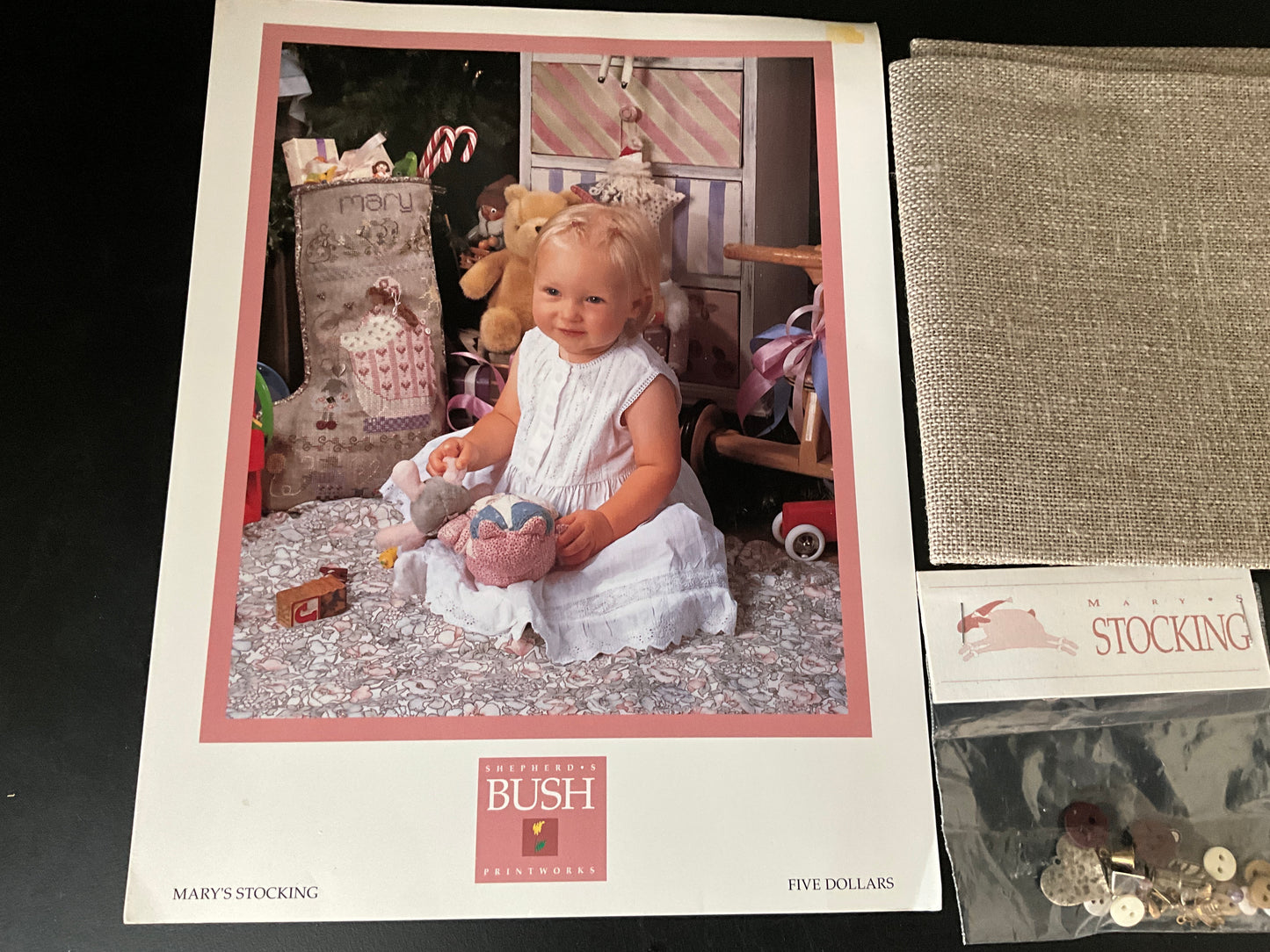 Shepherd’s Bush Mary’s Stocking cross stitch chart with natural linen fabric 18”x24” and embellishments pack included!