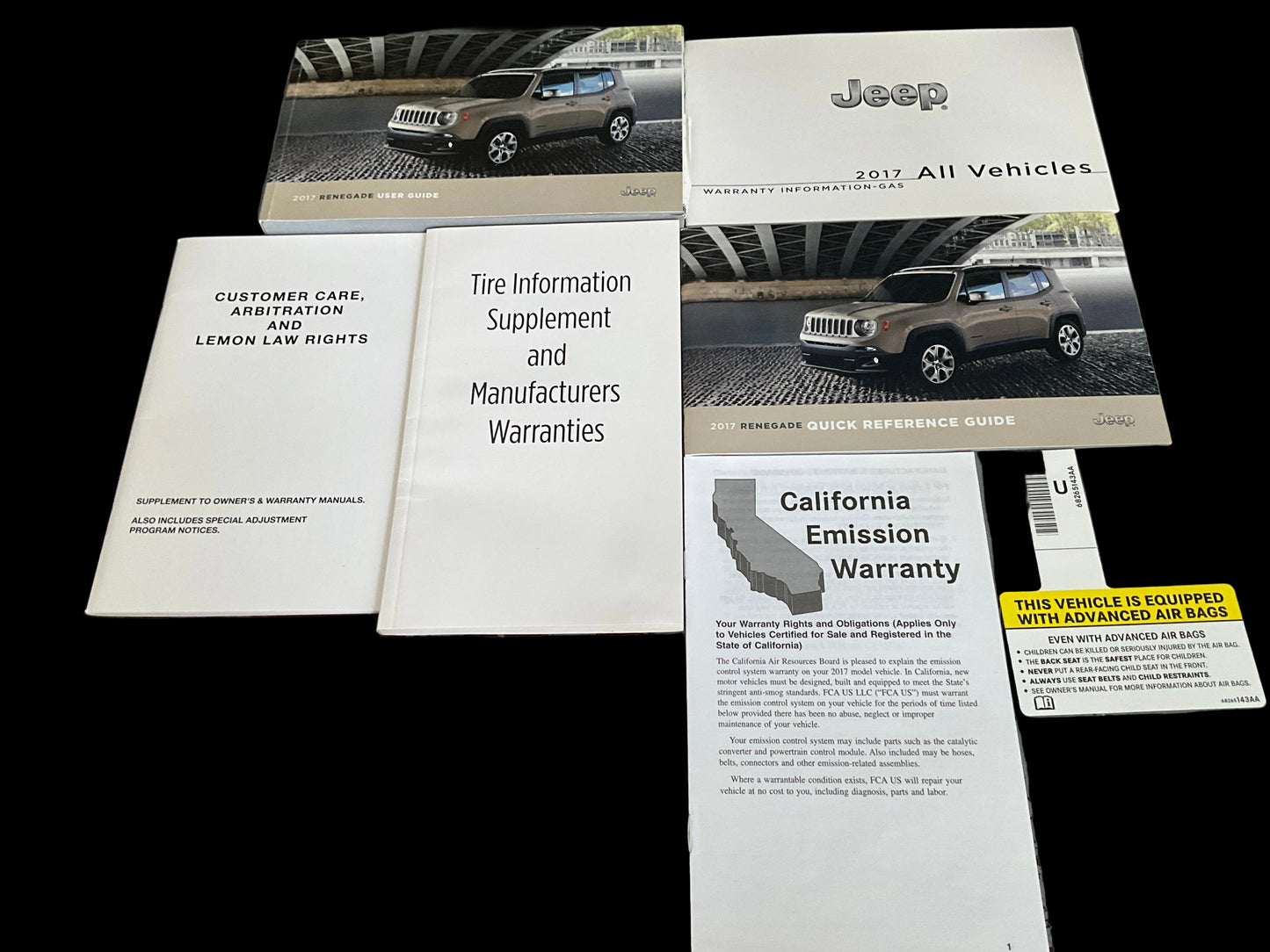 2017 Jeep Renegade user guide,quick reference guide, and associated booklets in a very nice brown canvas pouch vehicle owners manual etc.
