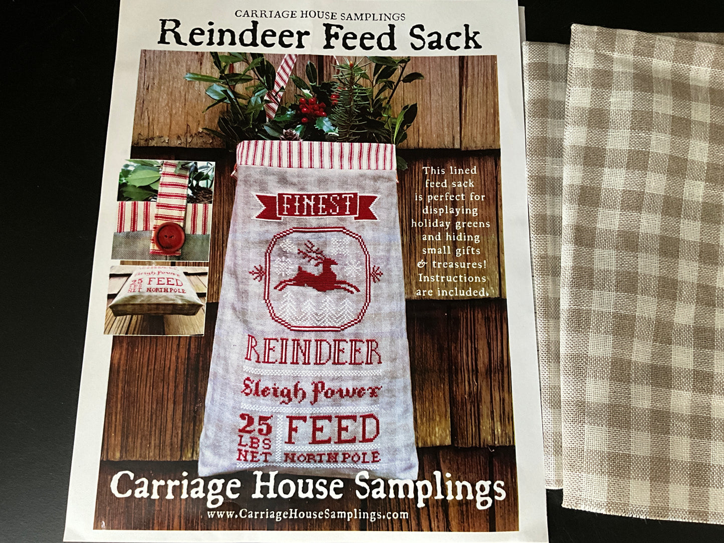 Carriage House Samplings Reindeer Feed Sack cross stitch chart with Gingham Linen 18”x34” fabric included!