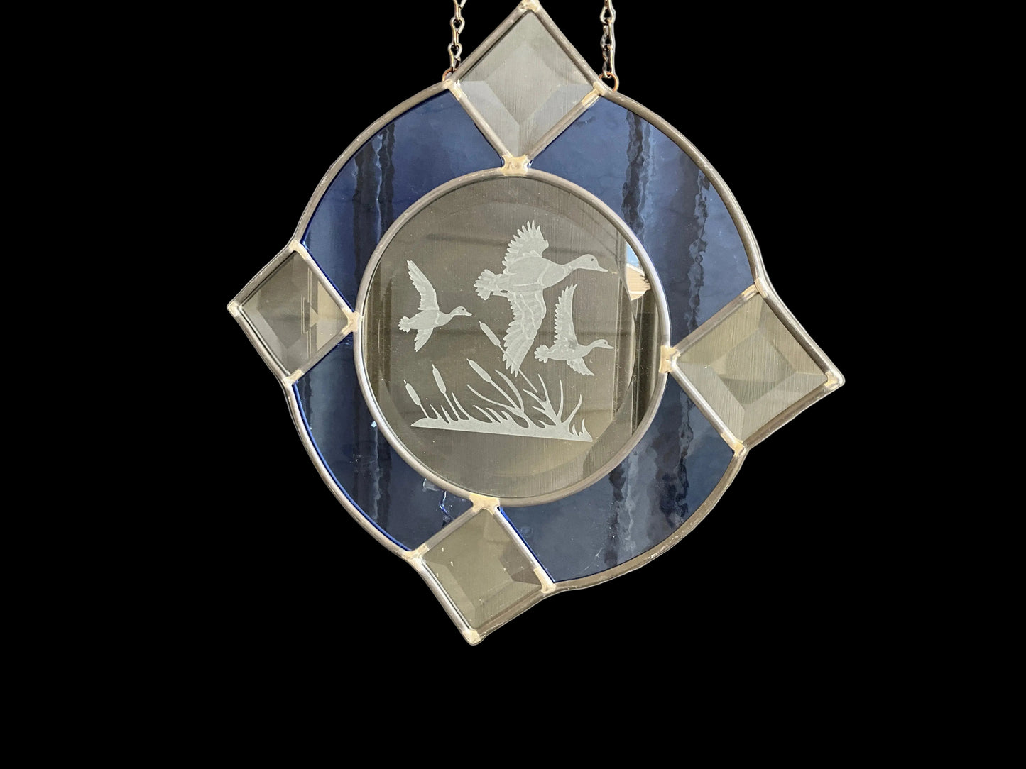 Ducks in flight absolutely beautiful 9.5 inch blue & clear leaded stained glass window/wall hanging on long chain