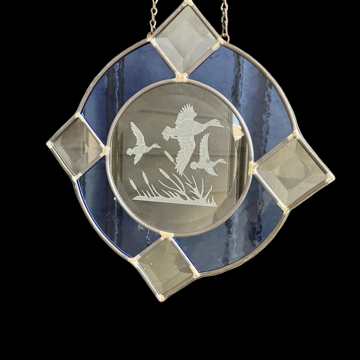 Ducks in flight absolutely beautiful 9.5 inch blue & clear leaded stained glass window/wall hanging on long chain