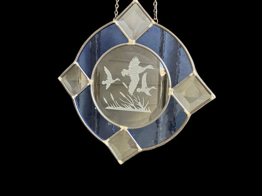 Ducks in flight absolutely beautiful 9.5 inch blue & clear leaded stained glass window/wall hanging on long chain