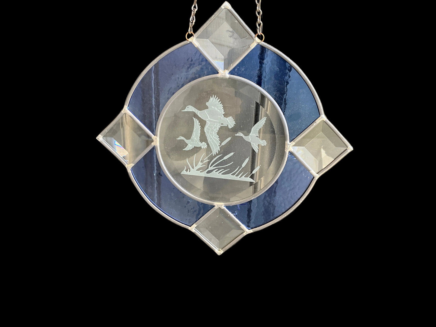 Ducks in flight absolutely beautiful 9.5 inch blue & clear leaded stained glass window/wall hanging on long chain