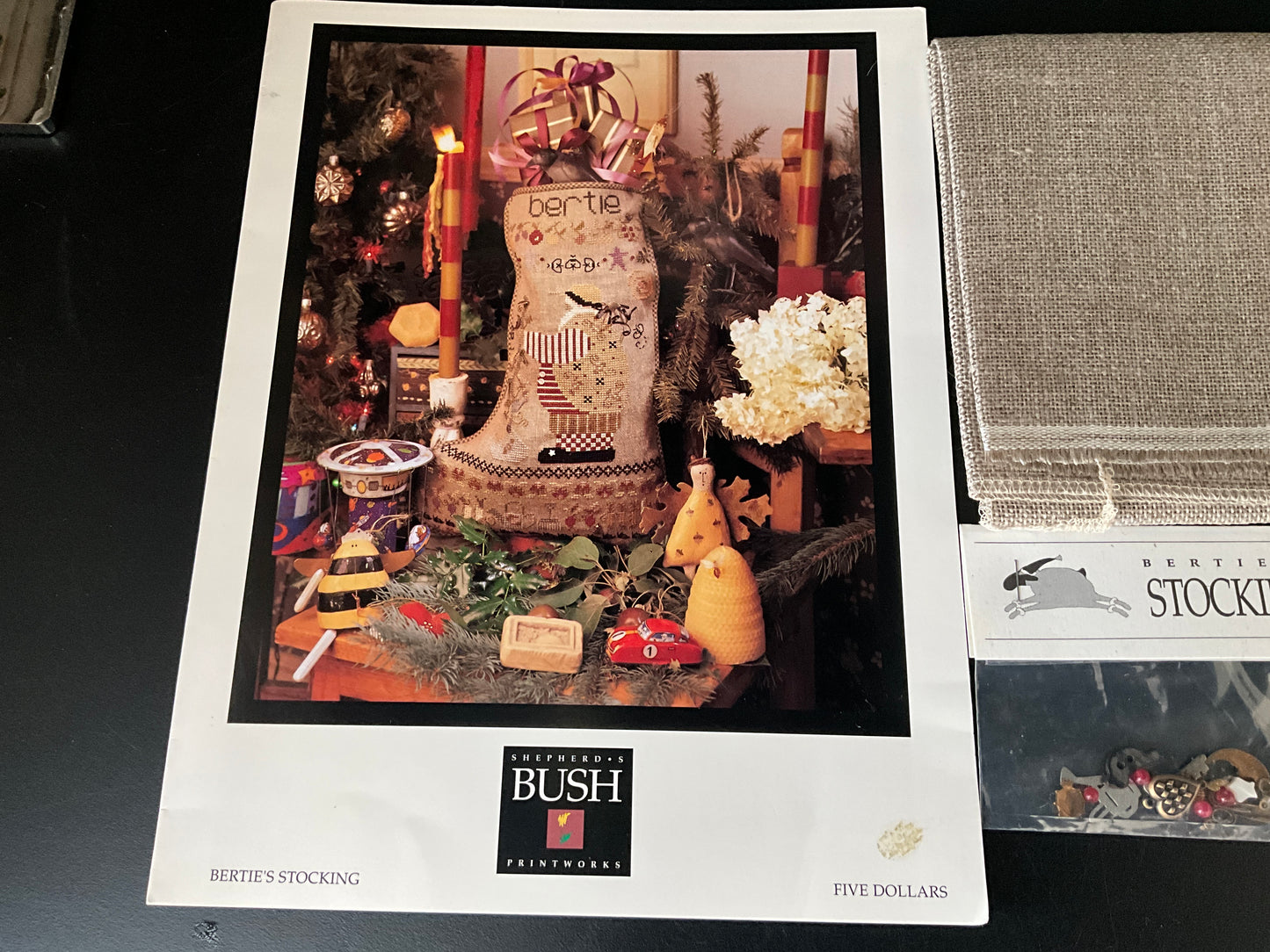 Shepherd’s Bush Bertie’s Stocking cross stitch chart with 18 count natural linen fabric and embellishments pack included!