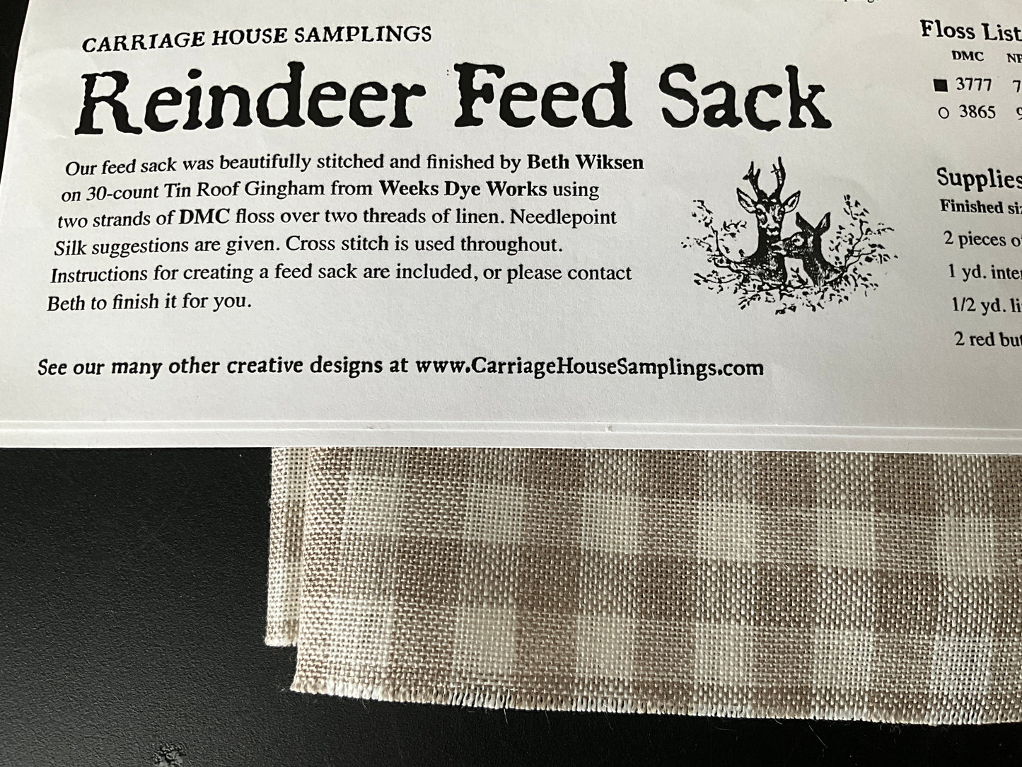 Carriage House Samplings Reindeer Feed Sack cross stitch chart with Gingham Linen 18”x34” fabric included!