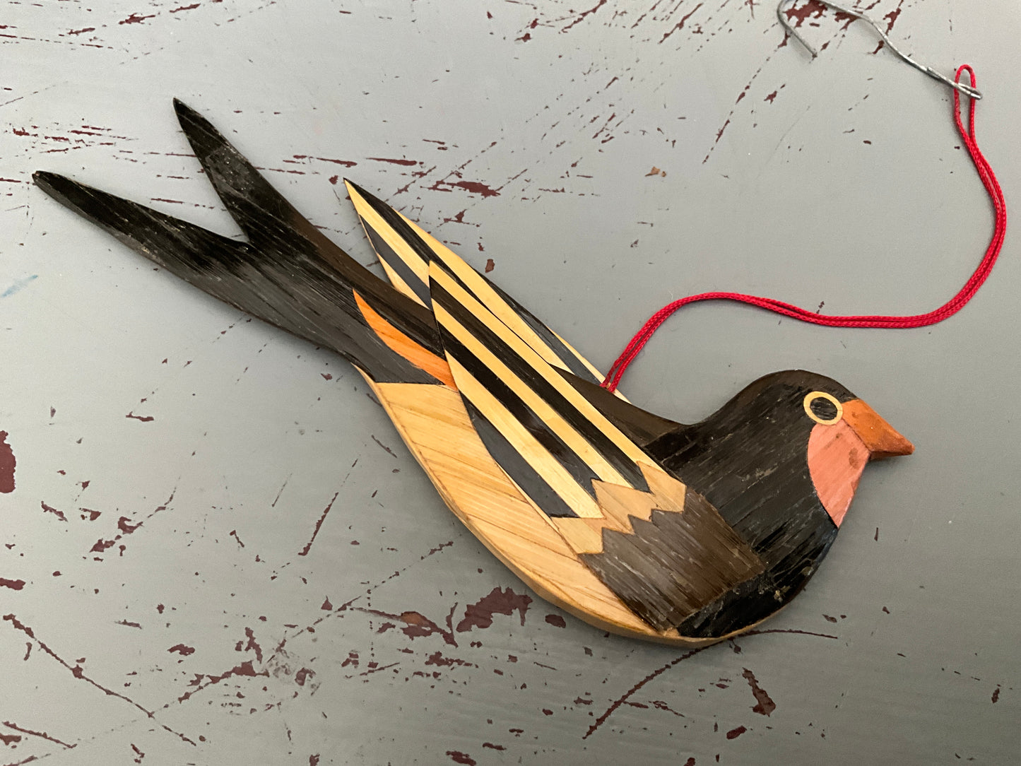 Beautiful birdie hand carved and lacquered wooden ornament