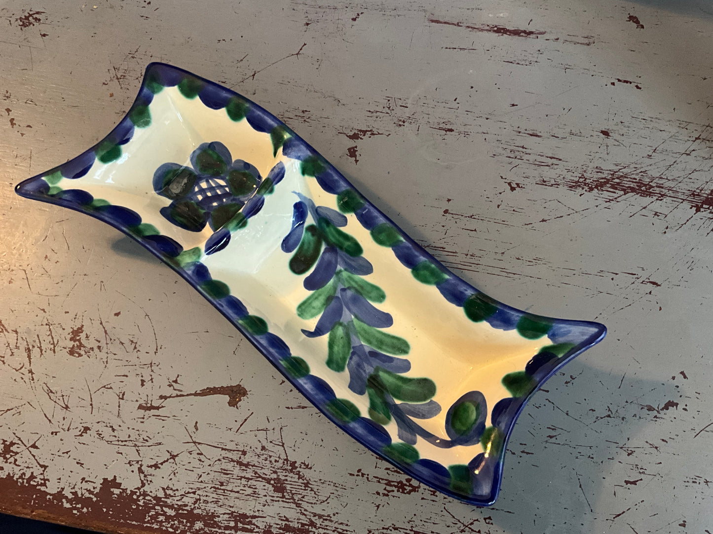 Fastástico divided serving/trinket dish Antonio Ortiz Ruiz Hand Painted in Spain blue & green floral glazed pottery