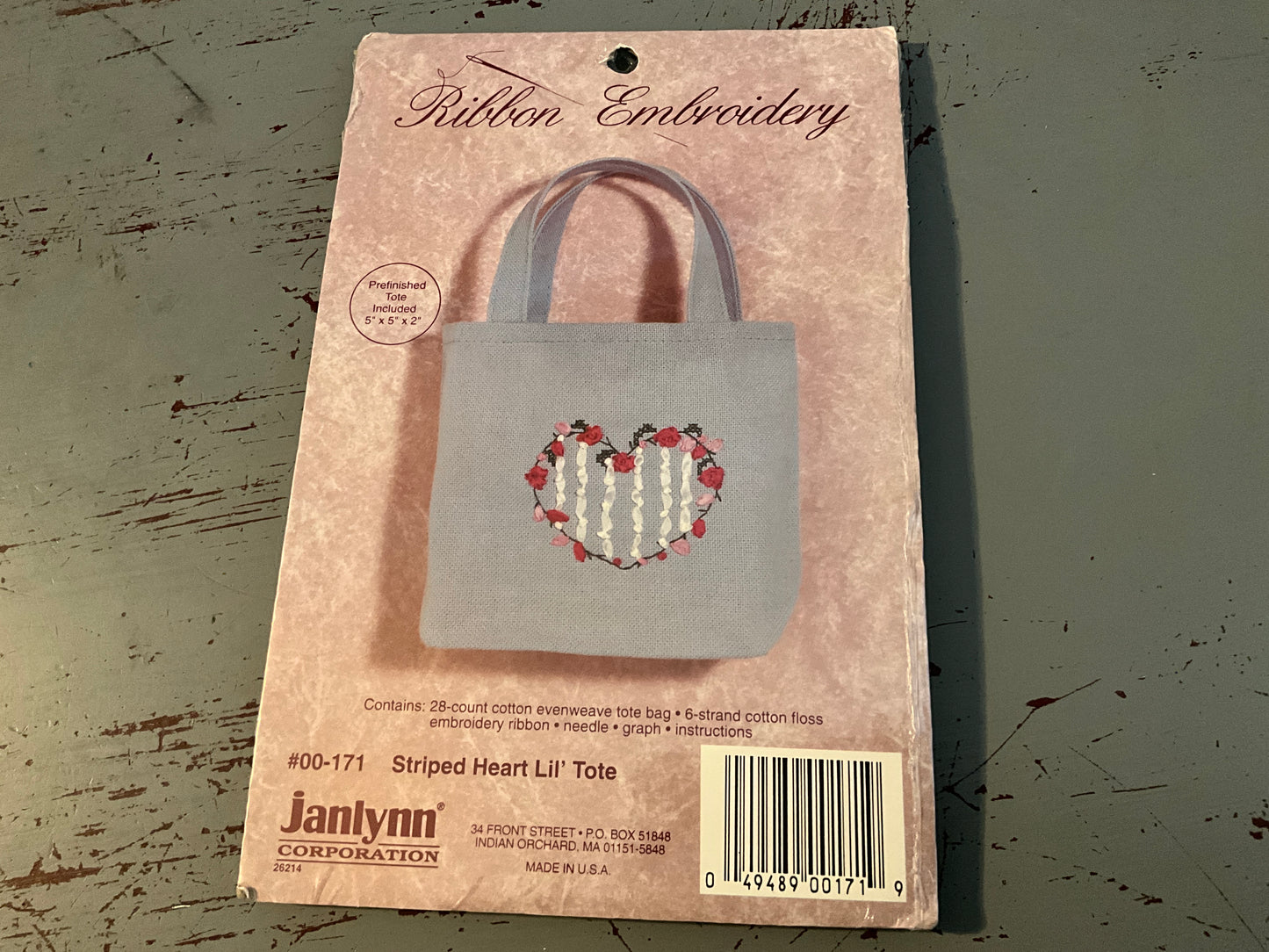 JanLynn Striped Heart Lil’ Tote ribbon embroidery kit