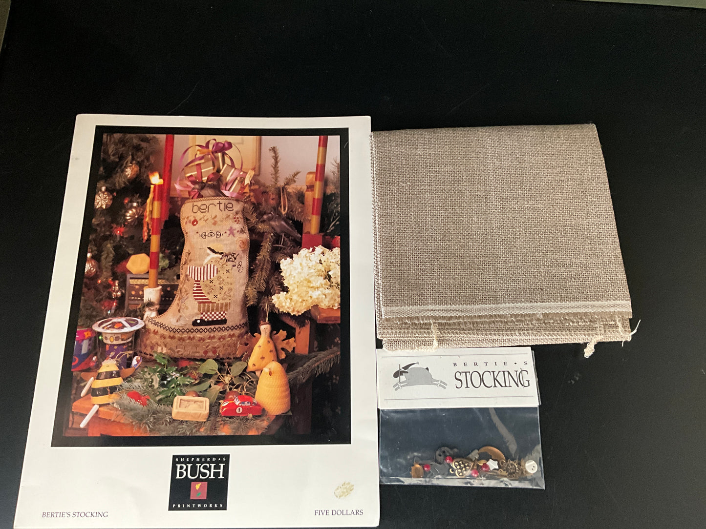 Shepherd’s Bush Bertie’s Stocking cross stitch chart with 18 count natural linen fabric and embellishments pack included!