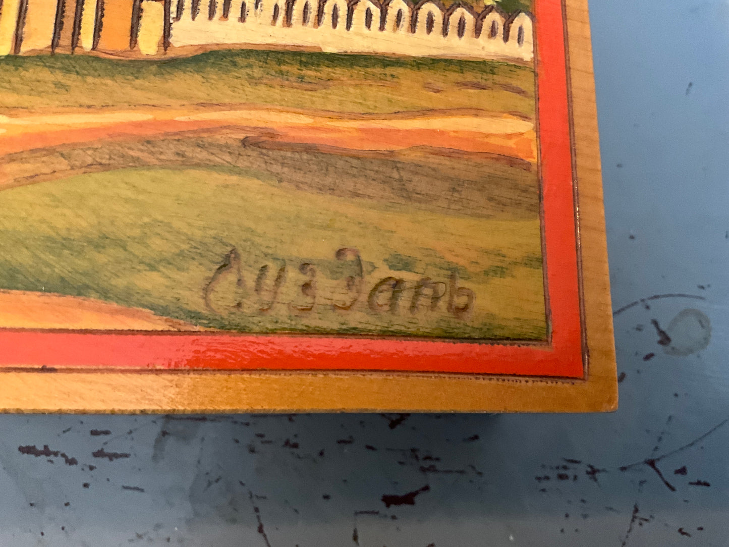 Russian blue domed church Cathedral hand painted embossed wooden trinket/jewelry box signed by artist