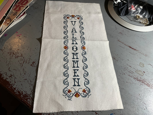 Valkommen Swedish for Welcome completed cross stitch picture