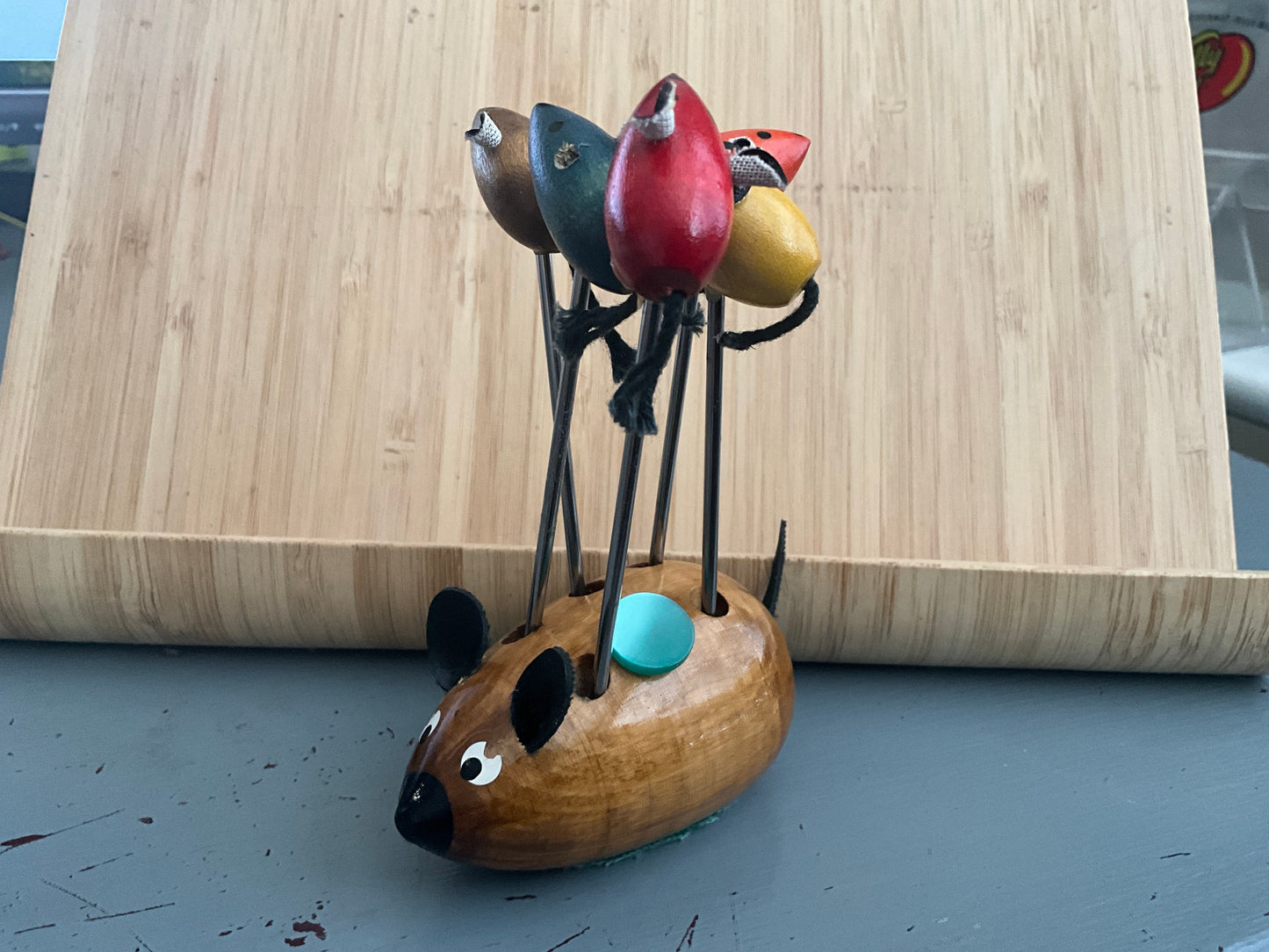 Wonderful wooden mouse holding a set of 5 jewelers tools with wooden mouse heads (see pictures for tools)