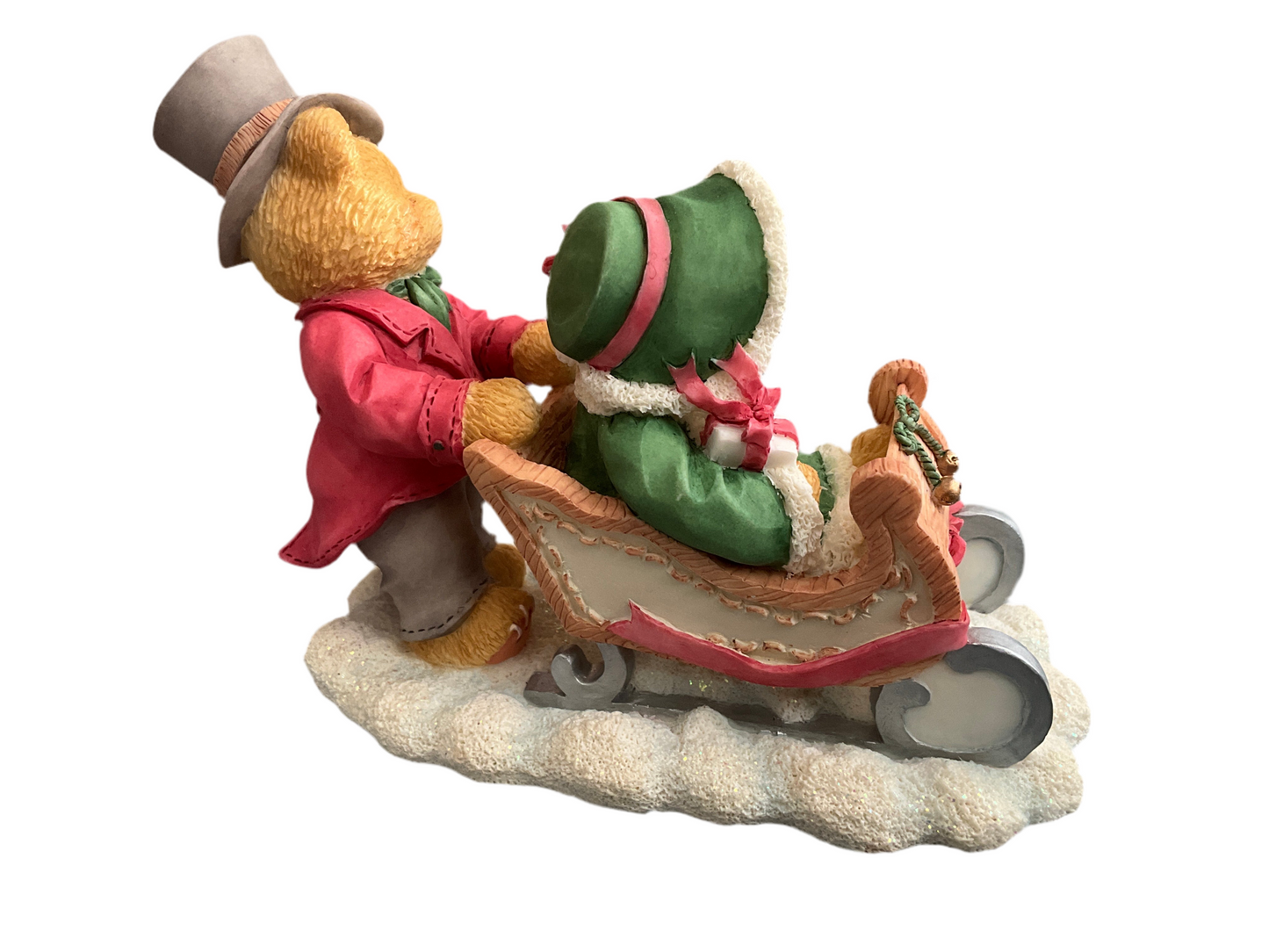 Cherished Teddies Lindsey and Lyndon walking in a winter wonderland boy pushing a girl in a sleigh figurine