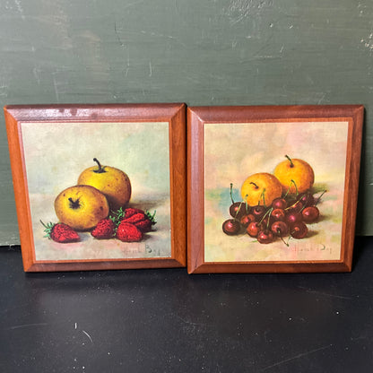Fanciful Fruit set of 2 vintage wooden 4.5 inch square wall plaques