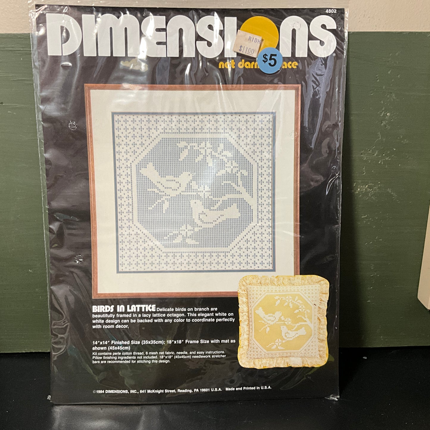 Dimensions Bird in Lattice 4802 net darning lace kit stitched on 6 count mesh 14 by 14 inches