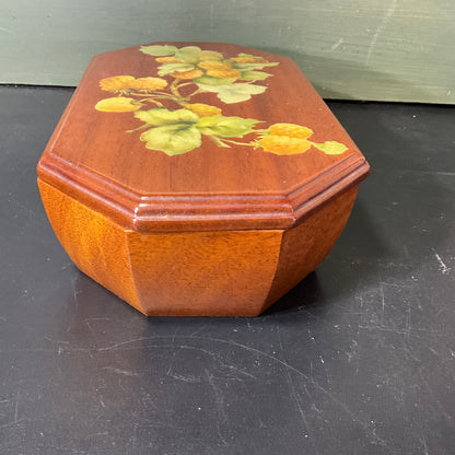 Wonderful wooden golden velveteen lined floral motif lidded vintage  keepsake box 10 by 5 inch see pictures for shape