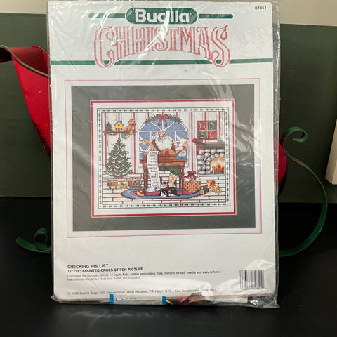 Bucilla Christmas Checking His List vintage 1990 counted cross stitch picture kit*