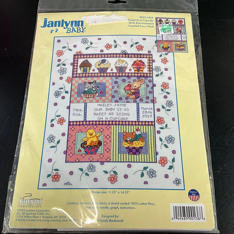 Janlynn Baby Sweet AS A Cupcake Birth Announcement 021-1456 vintage 2013 counted cross stitch kit*