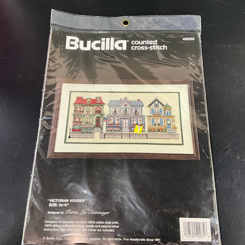 Bucilla Victorian Houses 40035 counted cross stitch kit on 14 count oatmeal AIDA 8 by 16 inches