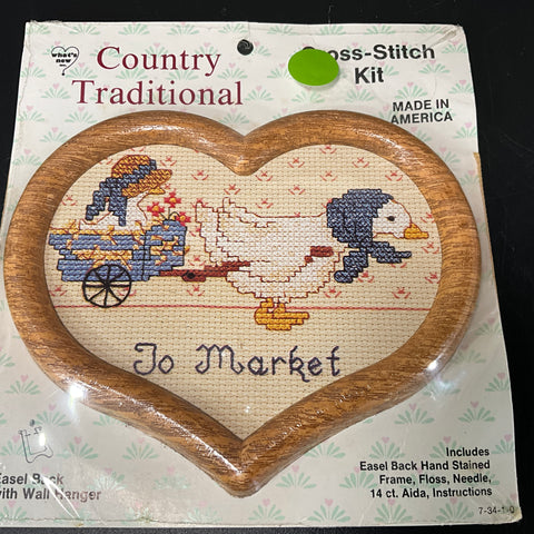 Country Traditional To Market chart with Heart Shaped essel back & wall frame cross stitch kit