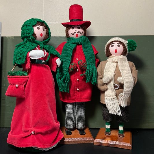 Charming Christmas carolers on wooden pedestals set of 3 handmade vintage collectible figurines