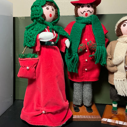 Charming Christmas carolers on wooden pedestals set of 3 handmade vintage collectible figurines