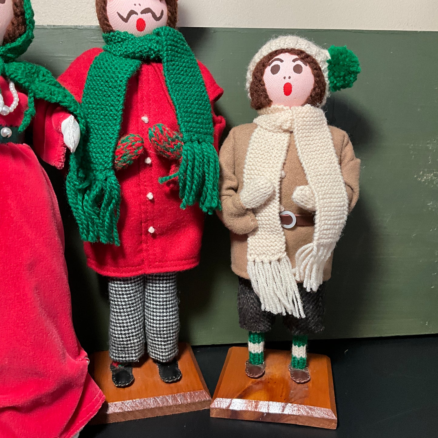 Charming Christmas carolers on wooden pedestals set of 3 handmade vintage collectible figurines