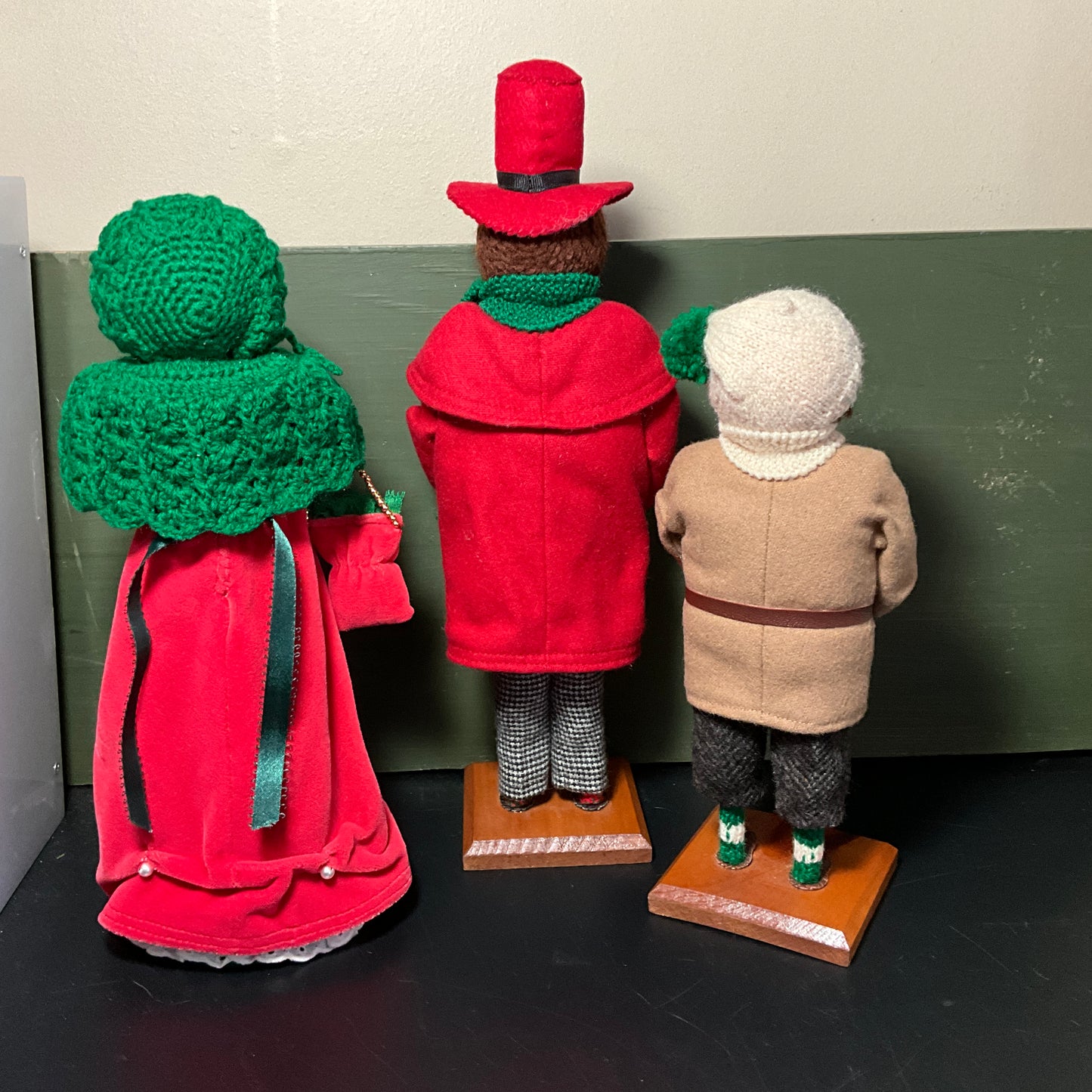 Charming Christmas carolers on wooden pedestals set of 3 handmade vintage collectible figurines