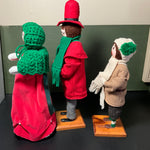 Charming Christmas carolers on wooden pedestals set of 3 handmade vintage collectible figurines