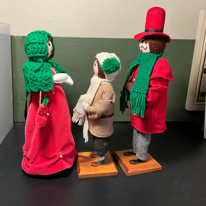 Charming Christmas carolers on wooden pedestals set of 3 handmade vintage collectible figurines