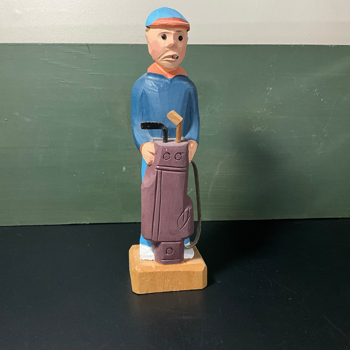 Good Ol' Duffer hand carved wood golf player with bag and clubs vintage collectible figurine