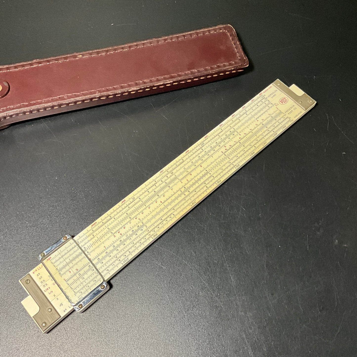 Fantastic Frederick Post Co. Versalog 1460 slide rule with stitched leather case vintage collectible tool