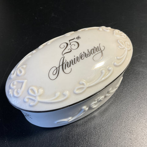 Hallmark 25th anniversary oval white and silver porcelain jewelry holder with lid