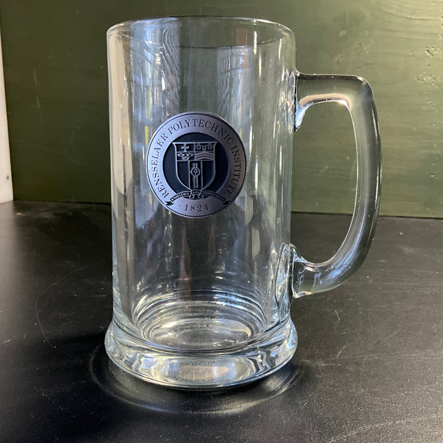 Rensselaer Polytechnic Institute pewter badge on clear glass mug vintage kitchen collectible