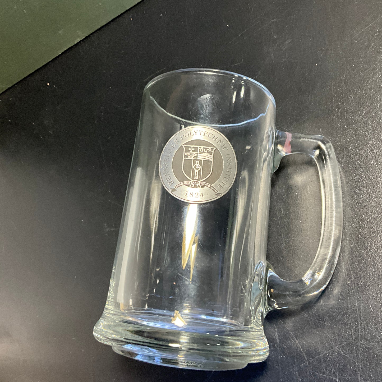 Rensselaer Polytechnic Institute pewter badge on clear glass mug vintage kitchen collectible