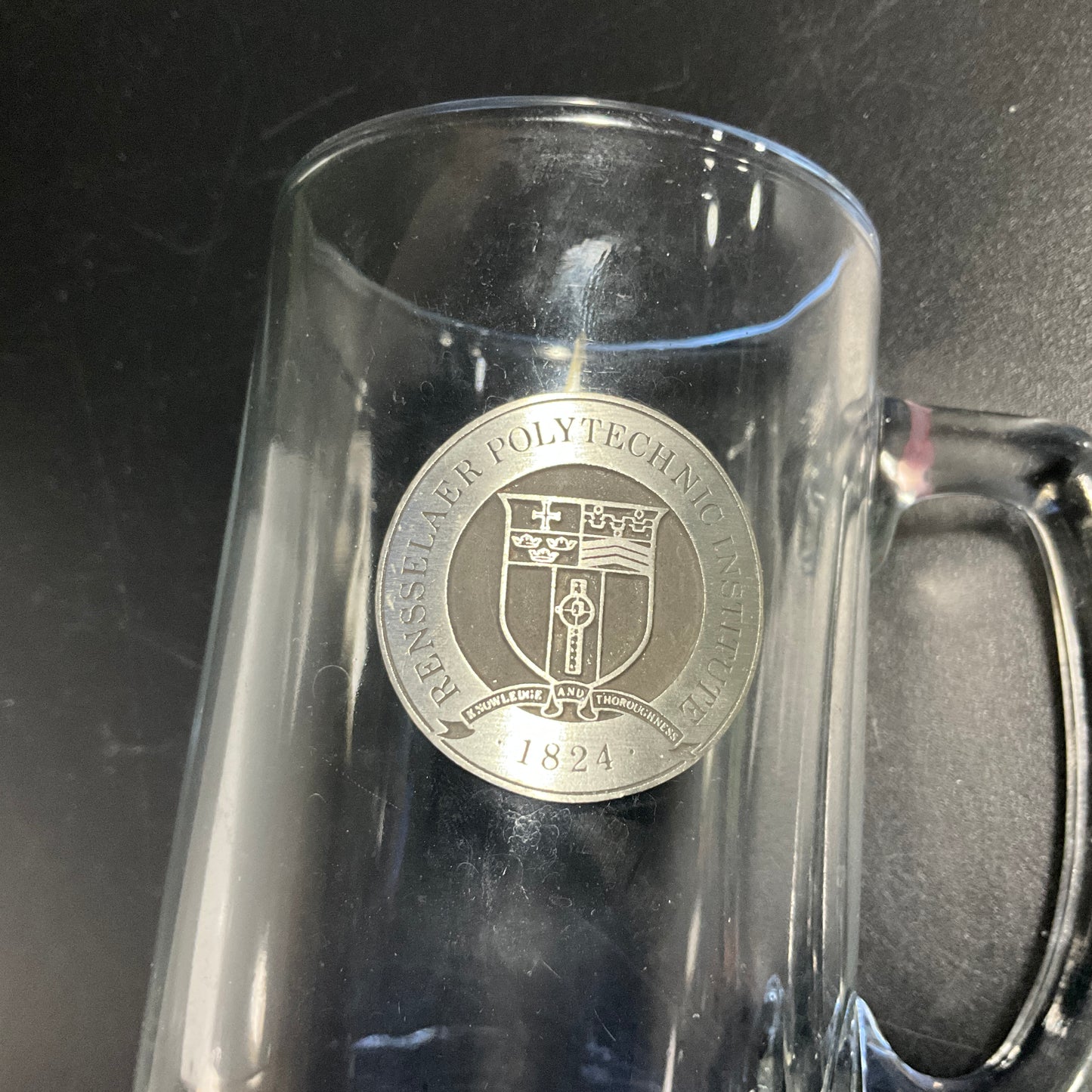 Rensselaer Polytechnic Institute pewter badge on clear glass mug vintage kitchen collectible