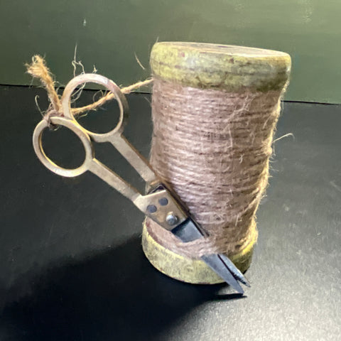 Antique wooden spool of twine with scissors vintage your needlecraft area decorative collectible